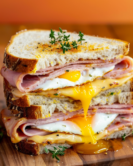 delicious pepperjack honey ham sandwich with layers of honey-glazed ham, melted pepperjack cheese, and a runny fried egg, stacked between slices of toasted rustic bread, garnished with fresh thyme.