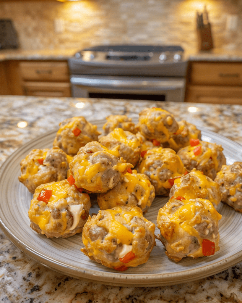 Delicious Cream Cheese Sausage Balls arranged on a platter, showcasing golden-brown, cheesy bites with bits of sausage and Rotel tomatoes.