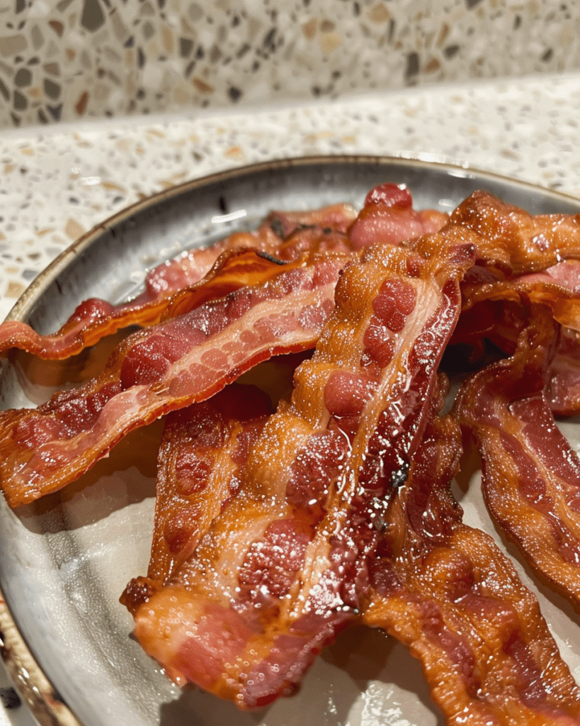 Crispy turkey bacon cooked in an air fryer, arranged on a decorative plate with fresh vegetables and dipping sauces.