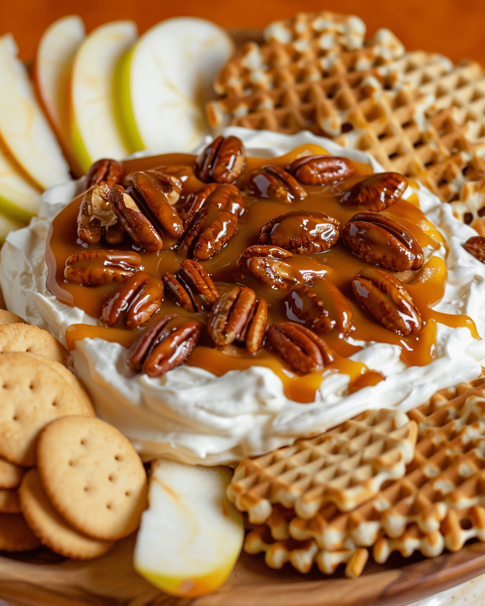 Delicious no backpecan dip surrounded by apple slices, waffle cookies, and crackers, served on a wooden platter for a perfect dessert or snack.