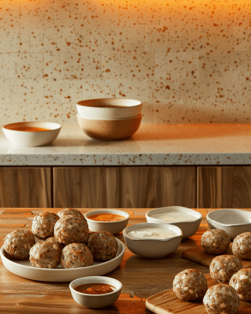 Final presentation of Cream Cheese Sausage Balls on a serving platter, ready to be enjoyed at a party in a cozy American kitchen.