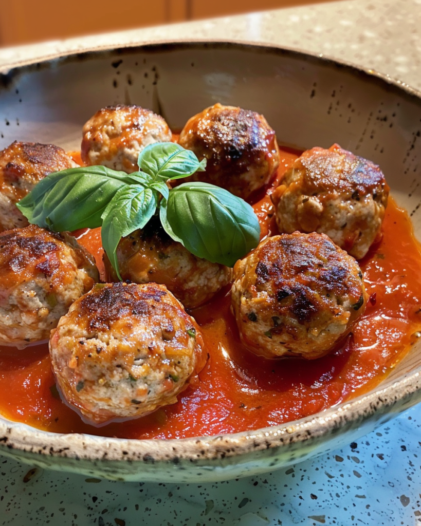  A bowl of savory Carando meatballs topped with fresh basil leaves, served in a rich tomato sauce for a perfect presentation.