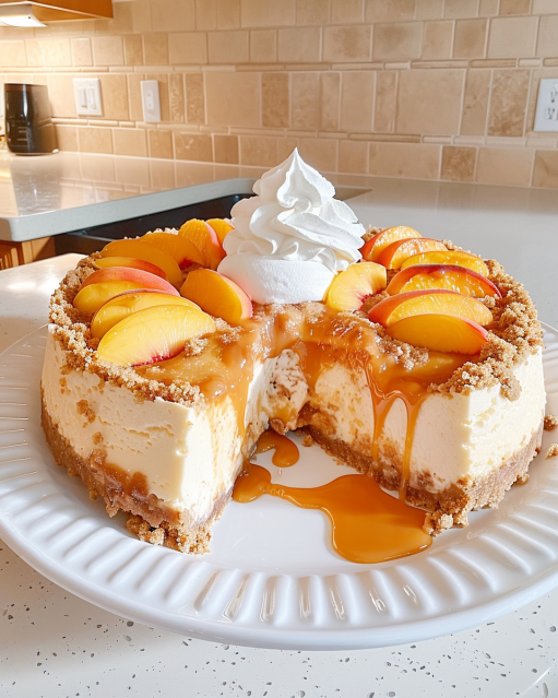 Peach cobbler cheesecake on a plate