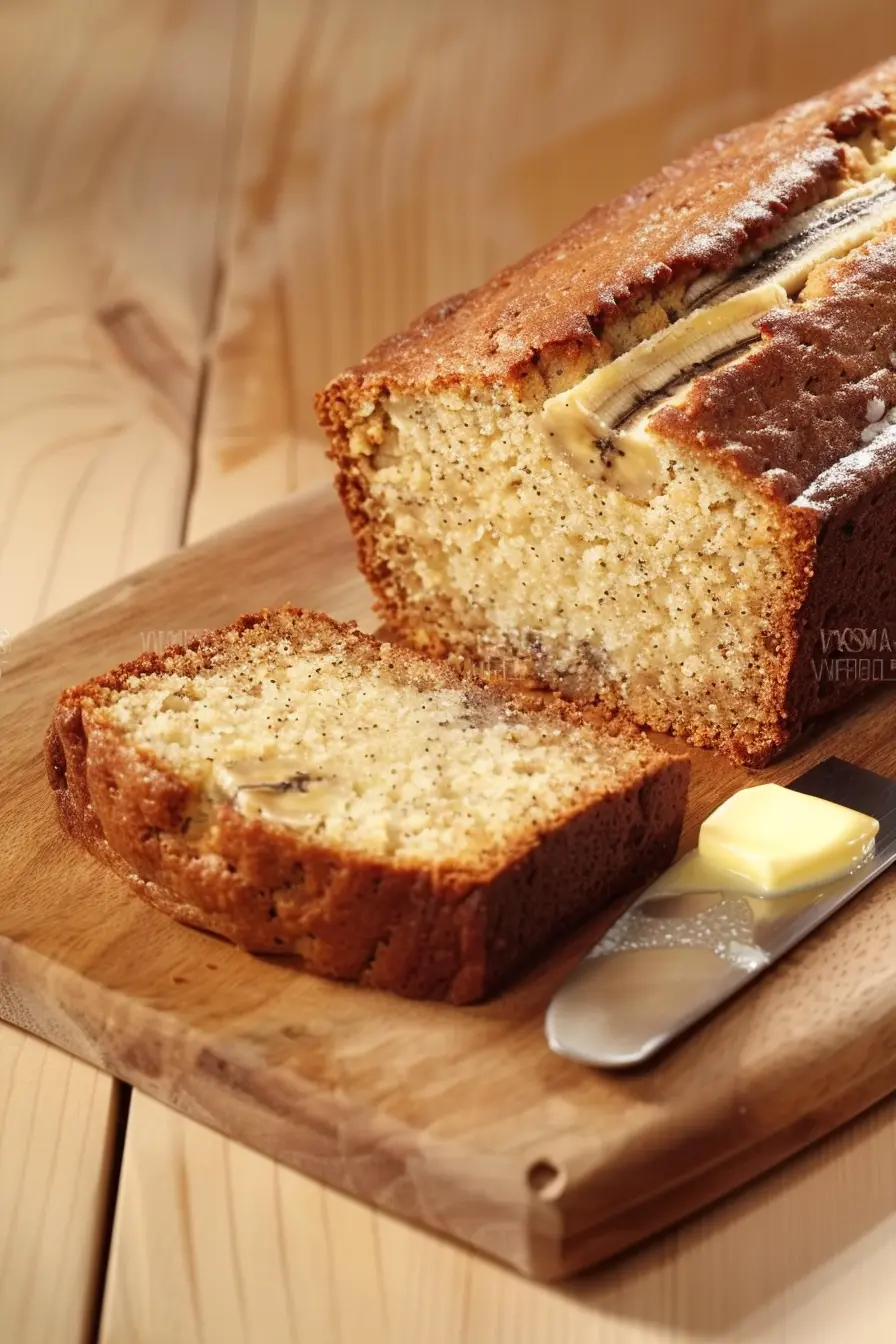 4 ingredient banana bread with a golden crust, sliced and ready to serve