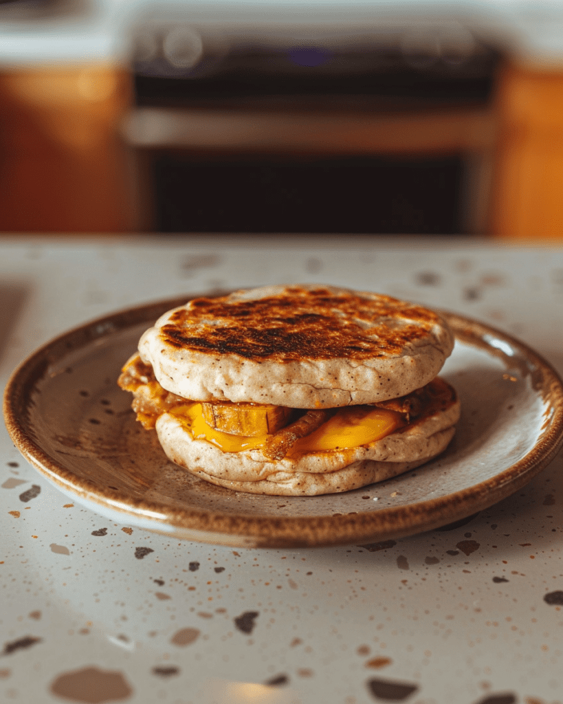 Oaxacan plantain sandwich with vibrant toppings and fresh ingredients on a rustic bread roll.