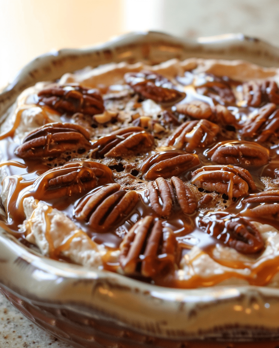 Close-up of a pecan pie dip topped with fresh pecans and caramel drizzle in a decorative ceramic dish.