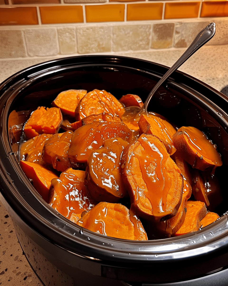 Slow cooker candied sweet potatoes with syrup and cinnamon