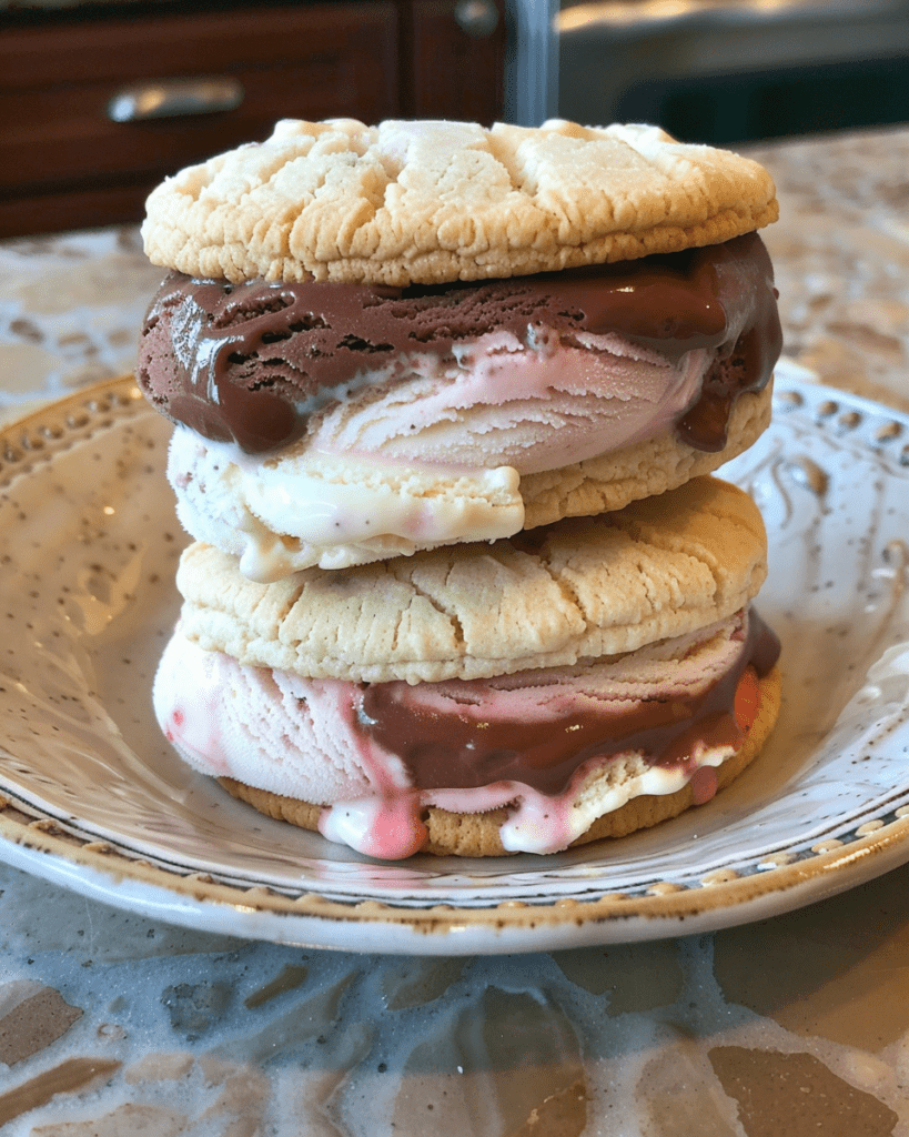 Neapolitan ice cream sandwich with layers of chocolate, vanilla, and strawberry ice cream nestled between soft cookies.