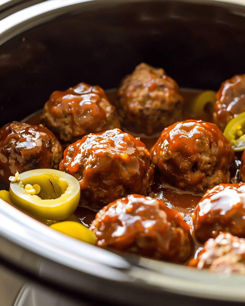 A cozy, close-up image of Mississippi Meatballs simmering in a slow cooker. The glistening, saucy meatballs are coated in a savory glaze and accompanied by tangy pepperoncini peppers. The dish is featured in a minimalist setting, with the focus entirely on the succulent meatballs inside the slow cooker's interior. Lighting is natural and warm, casting a soft orange hue that enhances the cozy, homemade vibe of a 45-year-old mom's American kitchen. The background is minimal and blurred out, emphasizing the hearty and flavorful texture of the dish. --ar 4:5 --v 6.0 --s 50 --style raw --no elegant props, intricate details, fancy garnishes, decorations, modern plating, refined garnishes, sophisticated props, elaborate backgrounds, wide-angle, zoomed-out, extensive kitchen details, additional objects, extra items, background items, festive decorations, holiday elements, scattered items, seasonal decor [e0e700b0-6a01-4d5c-86ec-a57405dc3025]