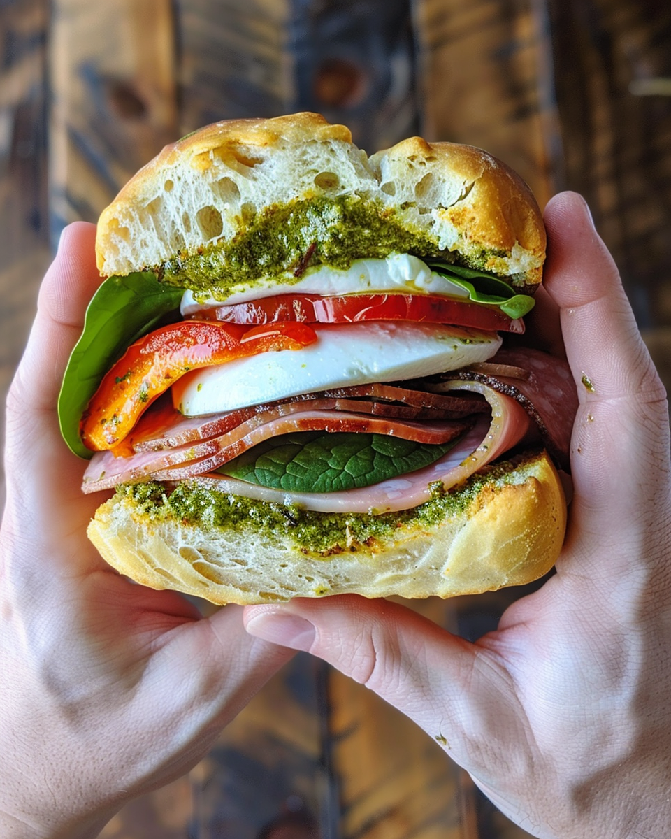 A hearty focaccia sandwich filled with fresh vegetables, melted cheese, and succulent meats, served on a wooden board.