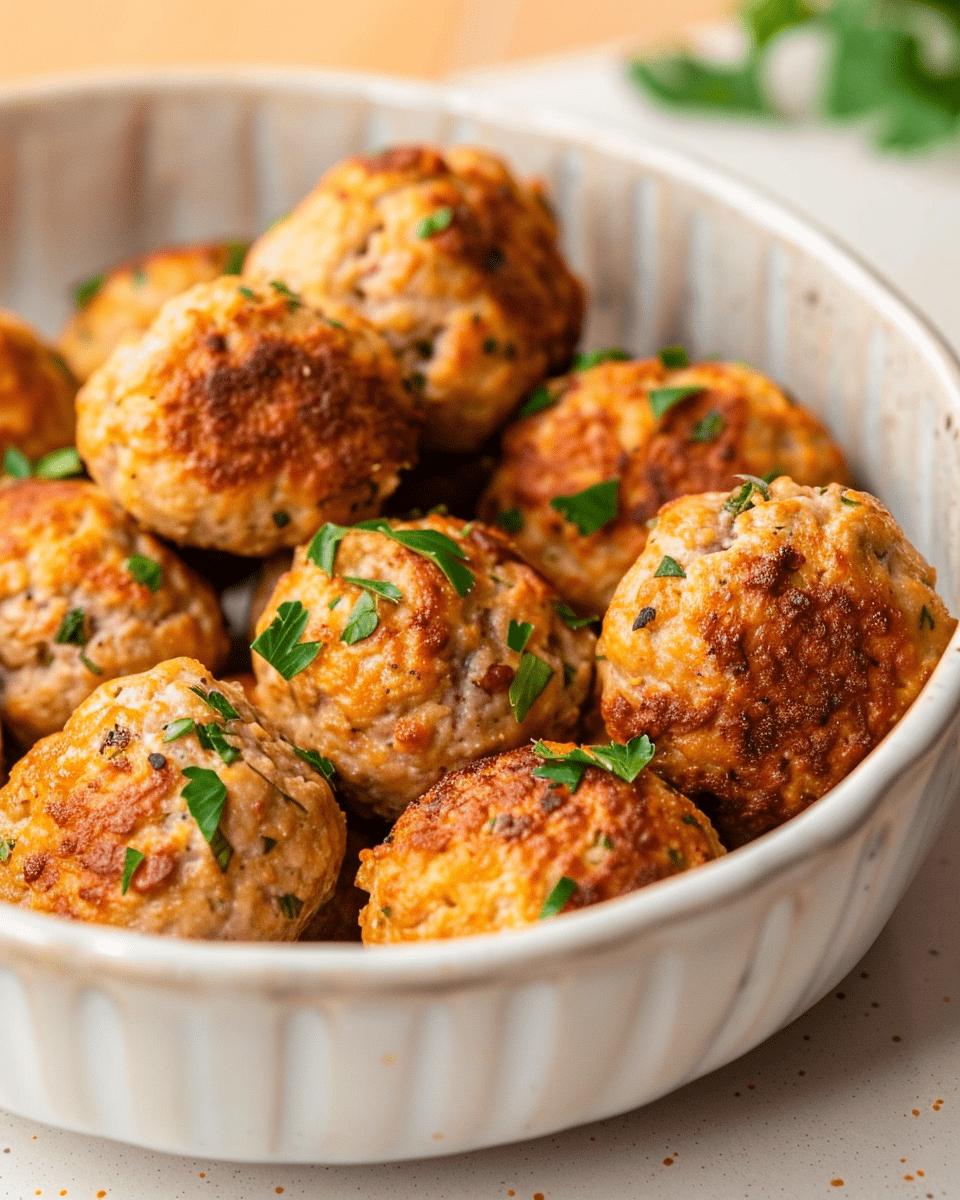 Air fryer turkey meatballs served on a white plate with fresh parsley garnish