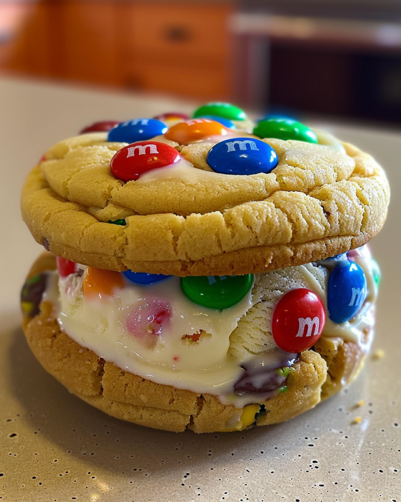 Delicious M&M ice cream sandwich with colorful candies.