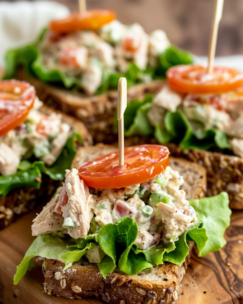 Freshly prepared chicken salad sandwiches with lettuce, tomato, and whole-grain bread, served on a rustic wooden board and secured with decorative toothpicks