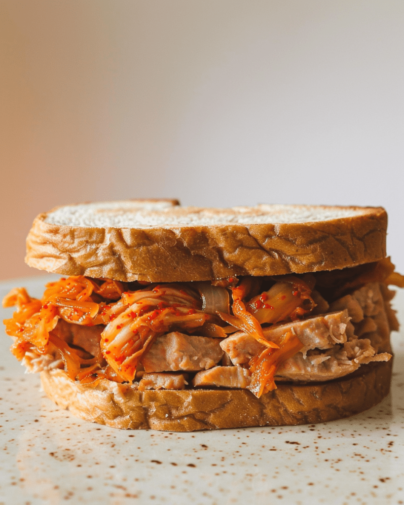 Kimchi tuna sandwich with spicy kimchi and tuna on toasted bread.

