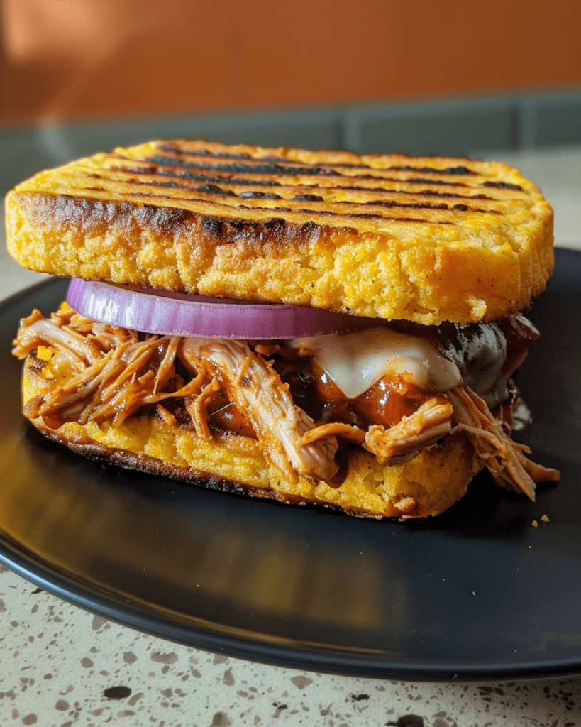 Close-up of a delicious Cornbread BBQ Sandwich