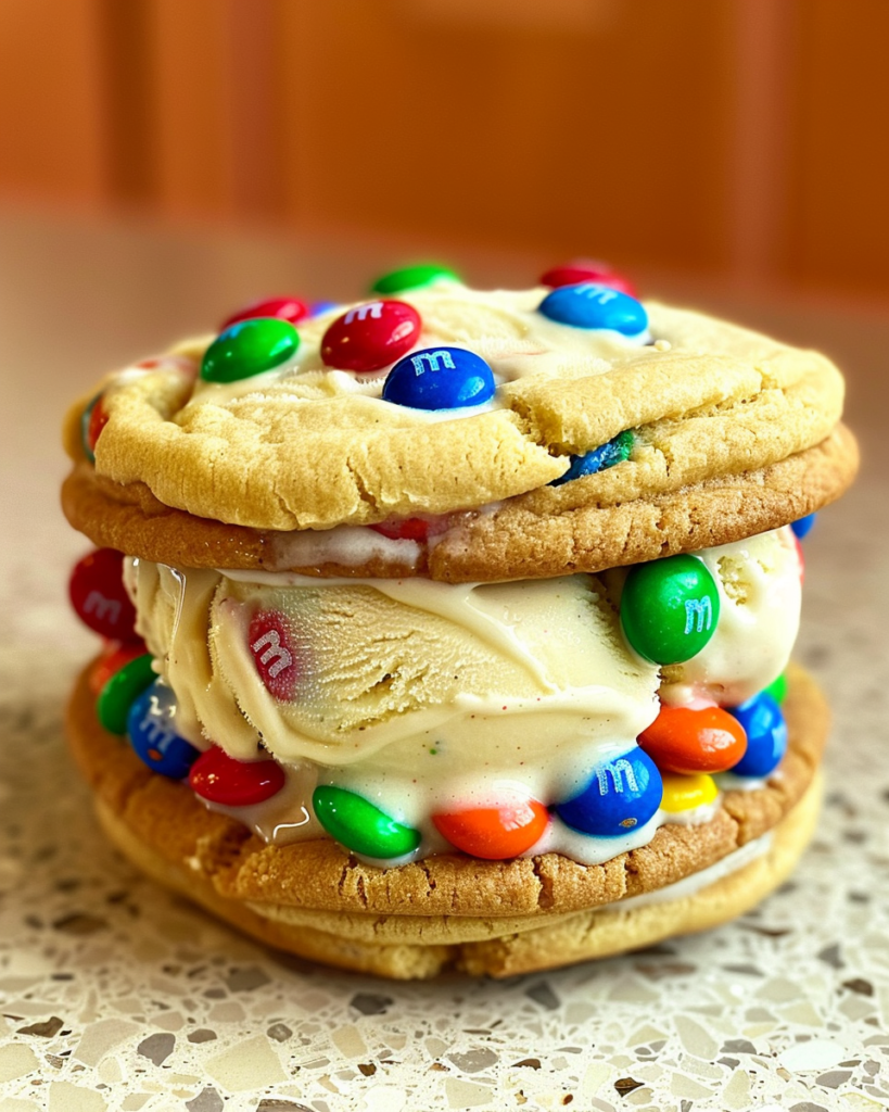 A colorful M&M ice cream sandwich featuring creamy vanilla ice cream sandwiched between two chocolate chip cookies and studded with vibrant M&M candies