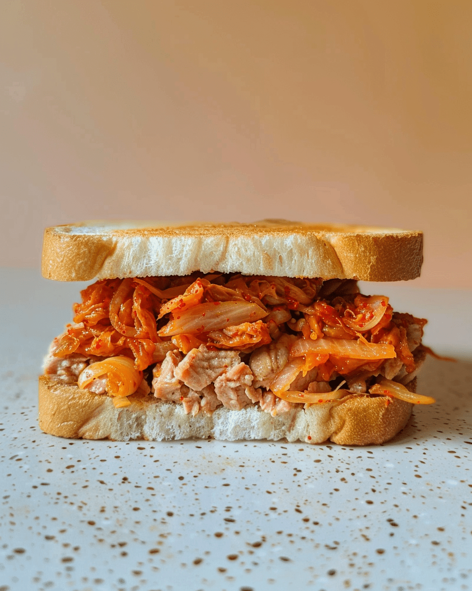 A delicious kimchi tuna sandwich on toasted white bread, filled with savory tuna and vibrant, spicy kimchi, perfect for a quick and flavorful meal.