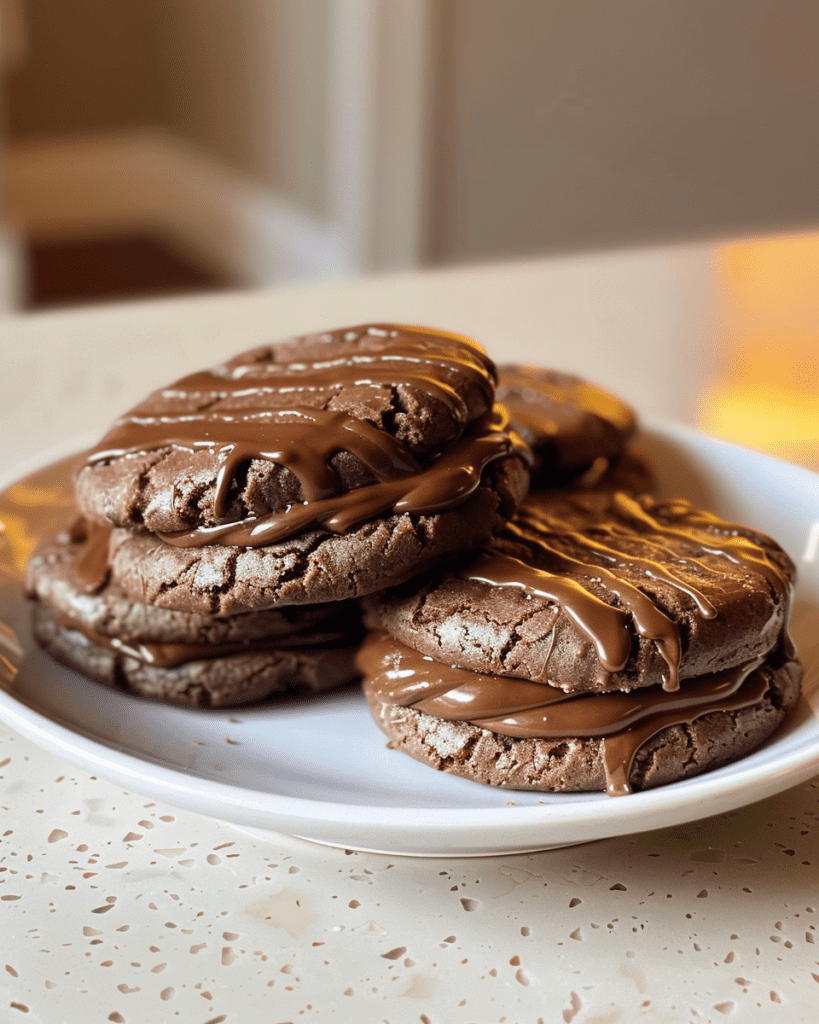 Homemade fudge rounds with chocolate drizzle on a white plate.