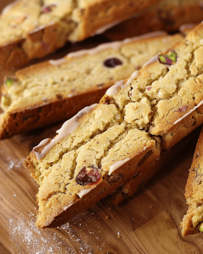 Freshly baked pistachio and cranberry biscotti on a decorative plate