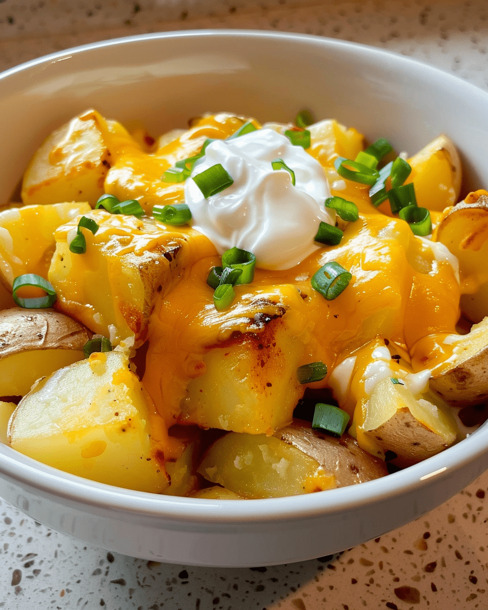 A bowl of cheesy fiesta potatoes topped with melted cheddar cheese, a dollop of sour cream, and garnished with freshly chopped green onions.