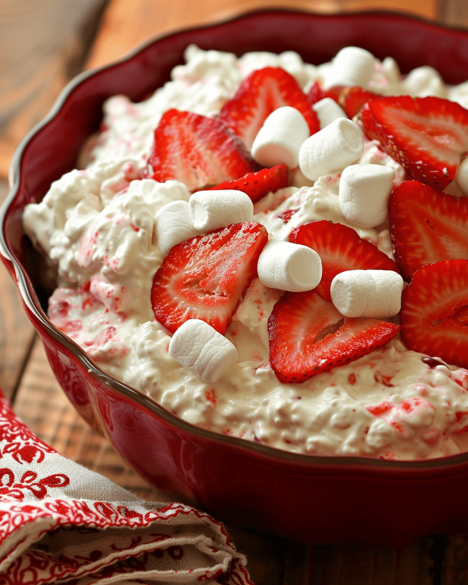 A bowl of strawberry fluff salad garnished with fresh strawberries, whipped topping, and mint leaves, served on a wooden table