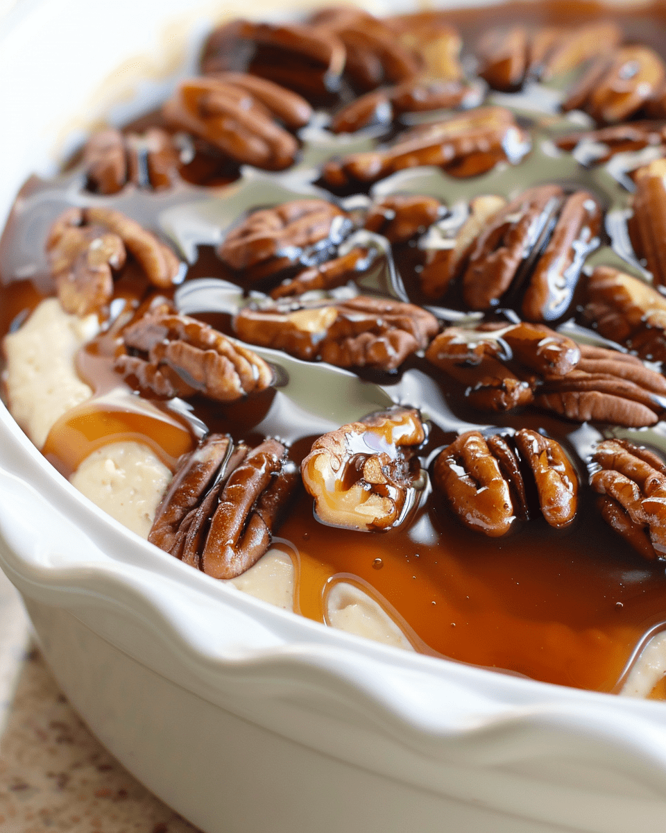 creamy pecan pie dip topped with toasted pecans and a drizzle of caramel sauce, served in a white ceramic dish.