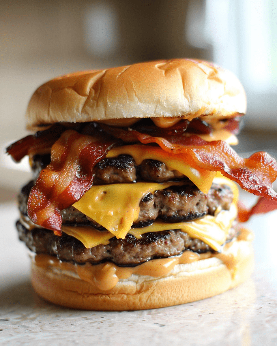 A delicious homemade Sonic Peanut Butter Bacon Cheeseburger with melted cheese, crispy bacon, a juicy beef patty, creamy peanut butter sauce, and a toasted sesame bun, served on a plate with fries.