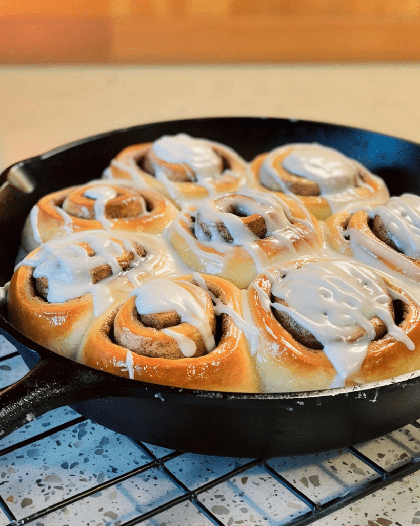 A freshly baked Texas cinnamon roll topped with cream cheese frosting and garnished with pecans, served on a rustic wooden plate.