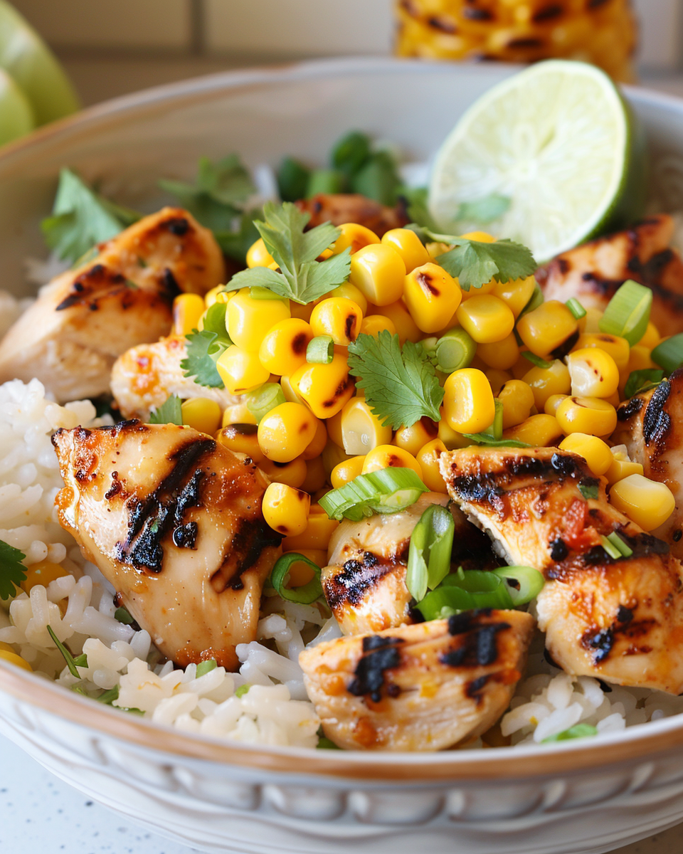 Street corn chicken rice bowl with grilled chicken