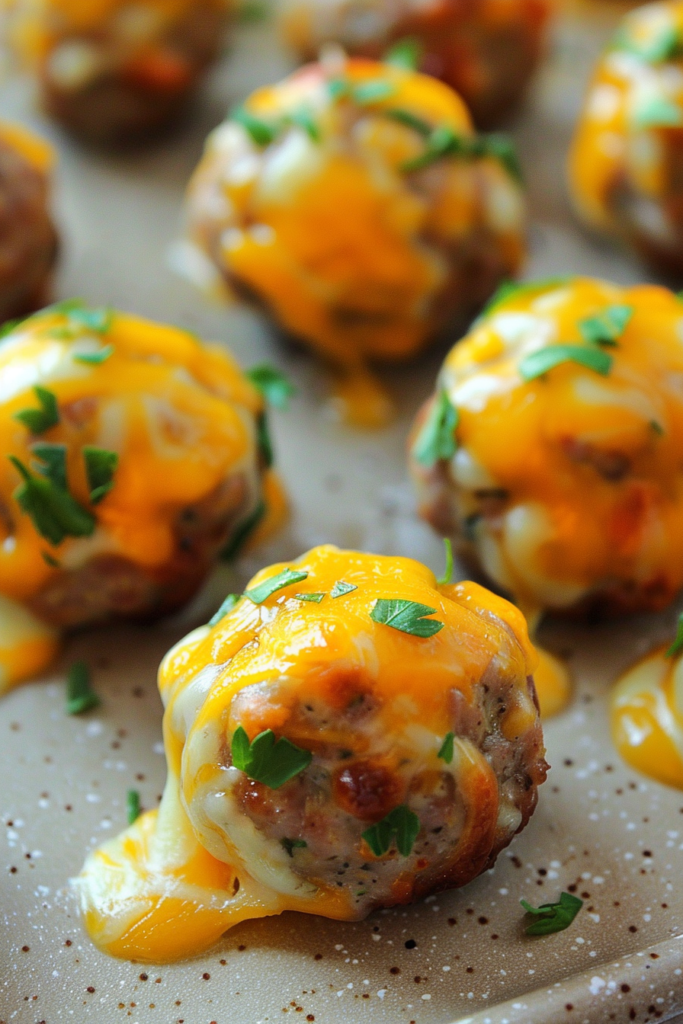 Golden-brown sausage balls with creamy cheese filling, arranged on a decorative platter alongside crackers and vegetables