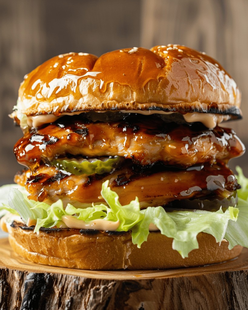 A juicy hot honey chicken sandwich drizzled with spicy honey, topped with fresh lettuce and pickles on a toasted brioche bun, served on a rustic wooden board.