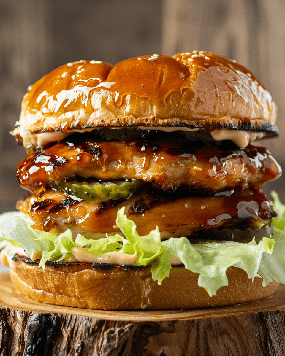 juicy hot honey chicken sandwich drizzled with spicy honey, topped with fresh lettuce and pickles on a toasted brioche bun, served on a rustic wooden board.