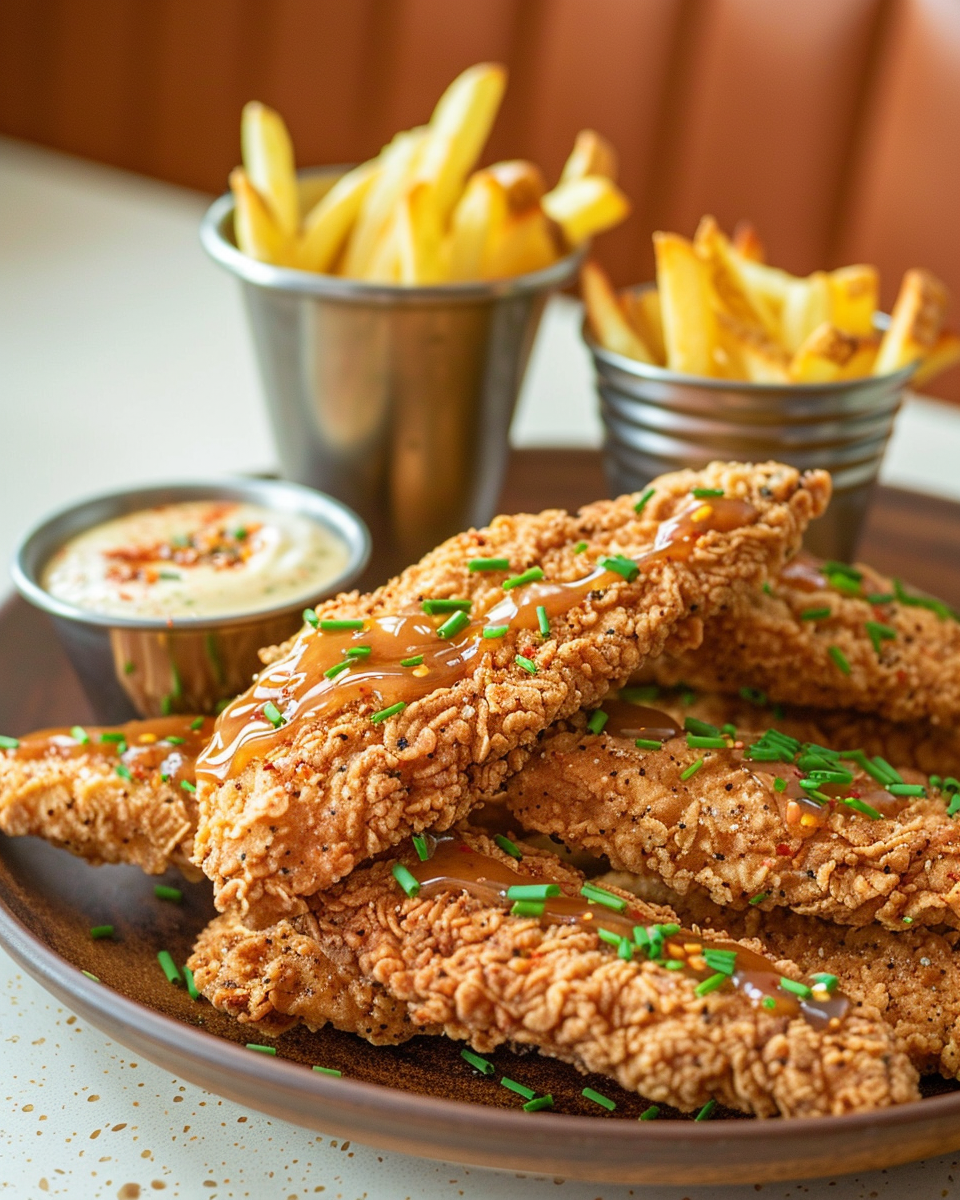 Crispy chicken tenders and golden fries served with dipping sauces