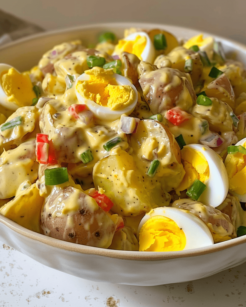 A close-up view of a creamy potato salad in a white bowl, garnished with hard-boiled egg slices, chopped green onions, red bell peppers, and a mustard-based dressing.