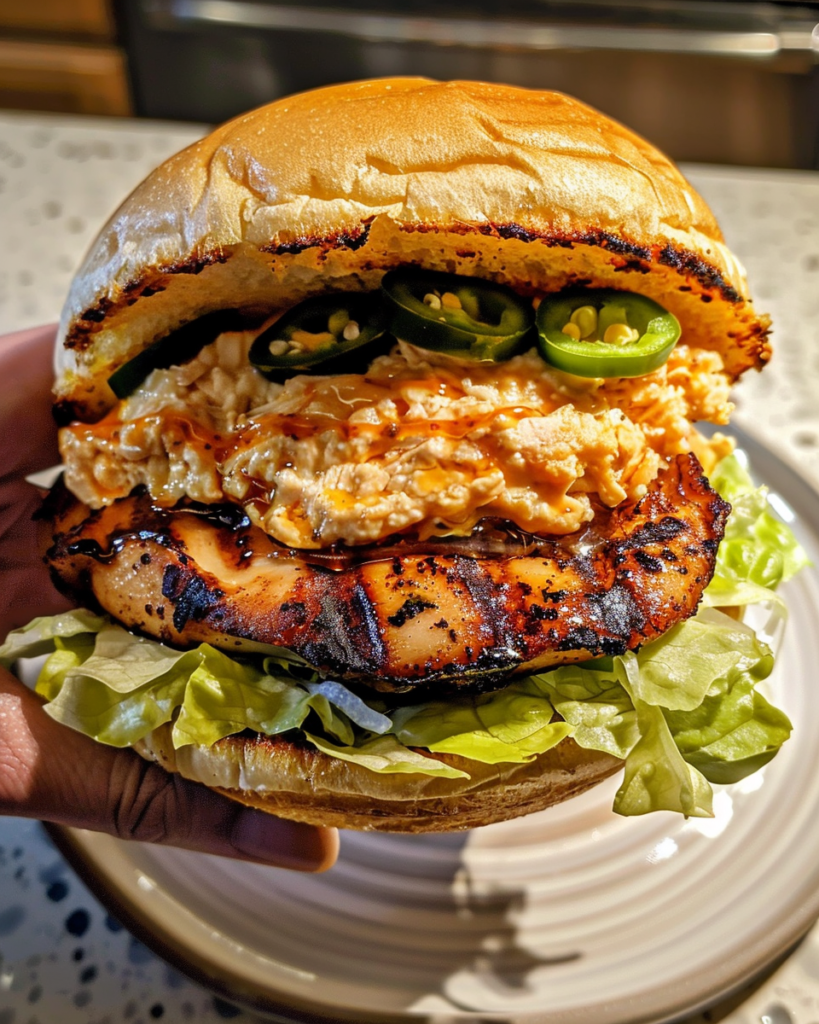 A succulent honey pimento chicken sandwich with grilled chicken thighs, creamy pimento cheese, fresh lettuce, and pickled jalapeños on a toasted brioche bun, served on a wooden board.