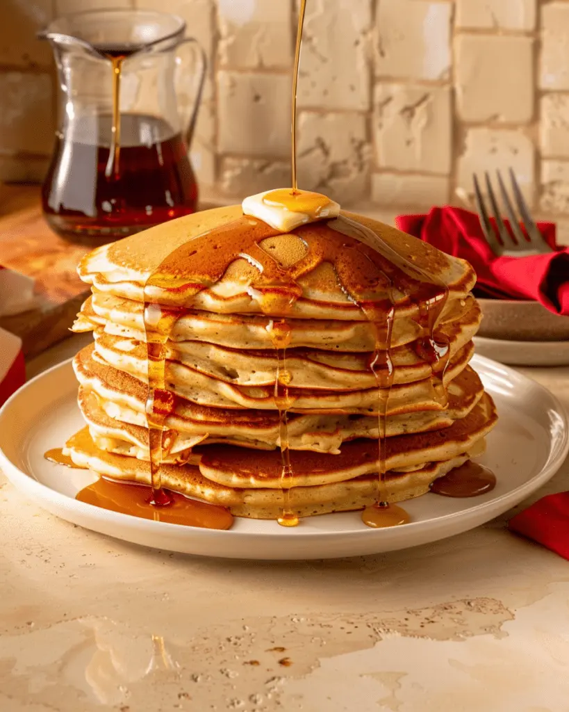 A stack of golden, fluffy pancakes made with Krusteaz Pancake Mix, drizzled with syrup and topped with fresh berries.