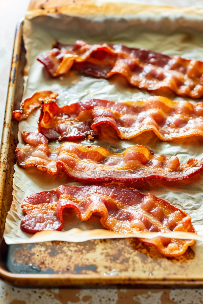 Crispy turkey bacon in oven on a baking sheet with parchment paper.
