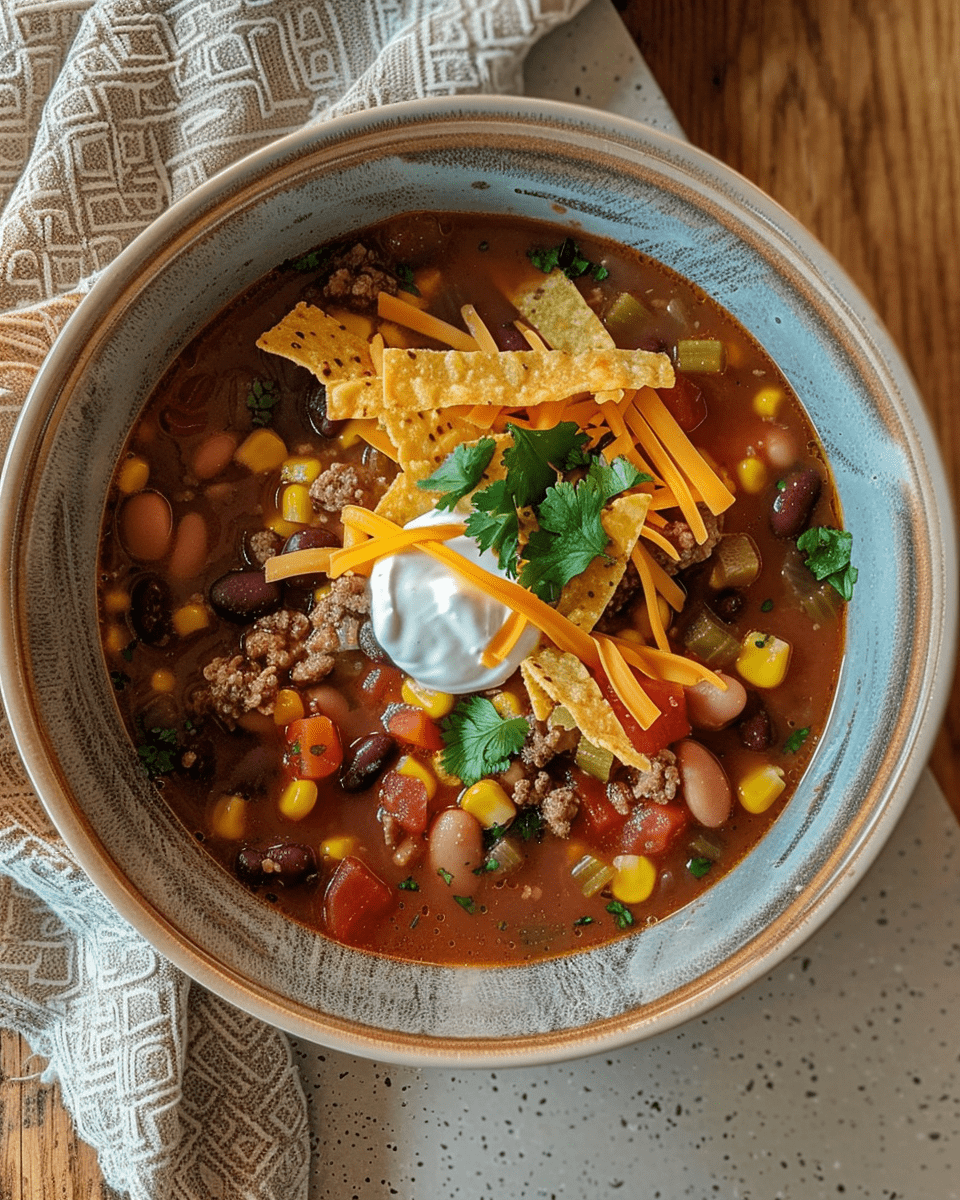 taco soup frios garnished with shredded cheese