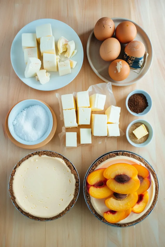 Fresh peaches, cream cheese, graham crackers, and other ingredients to make Peach Cobbler Cheesecake