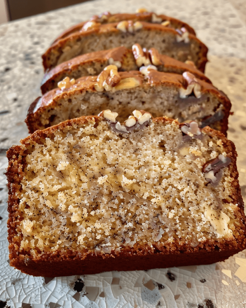 Close-up of a sliced banana bread loaf with a golden crust, moist interior, and garnished with chopped nuts on a textured countertop.