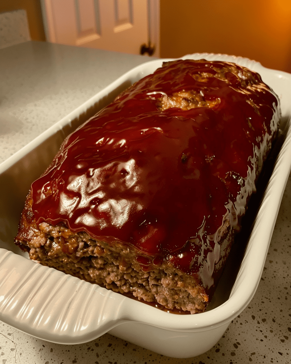 Delicious Lipton Onion Soup Meatloaf topped with a shiny ketchup glaze, baked in a white ceramic dish, perfect for a quick and hearty weeknight meal