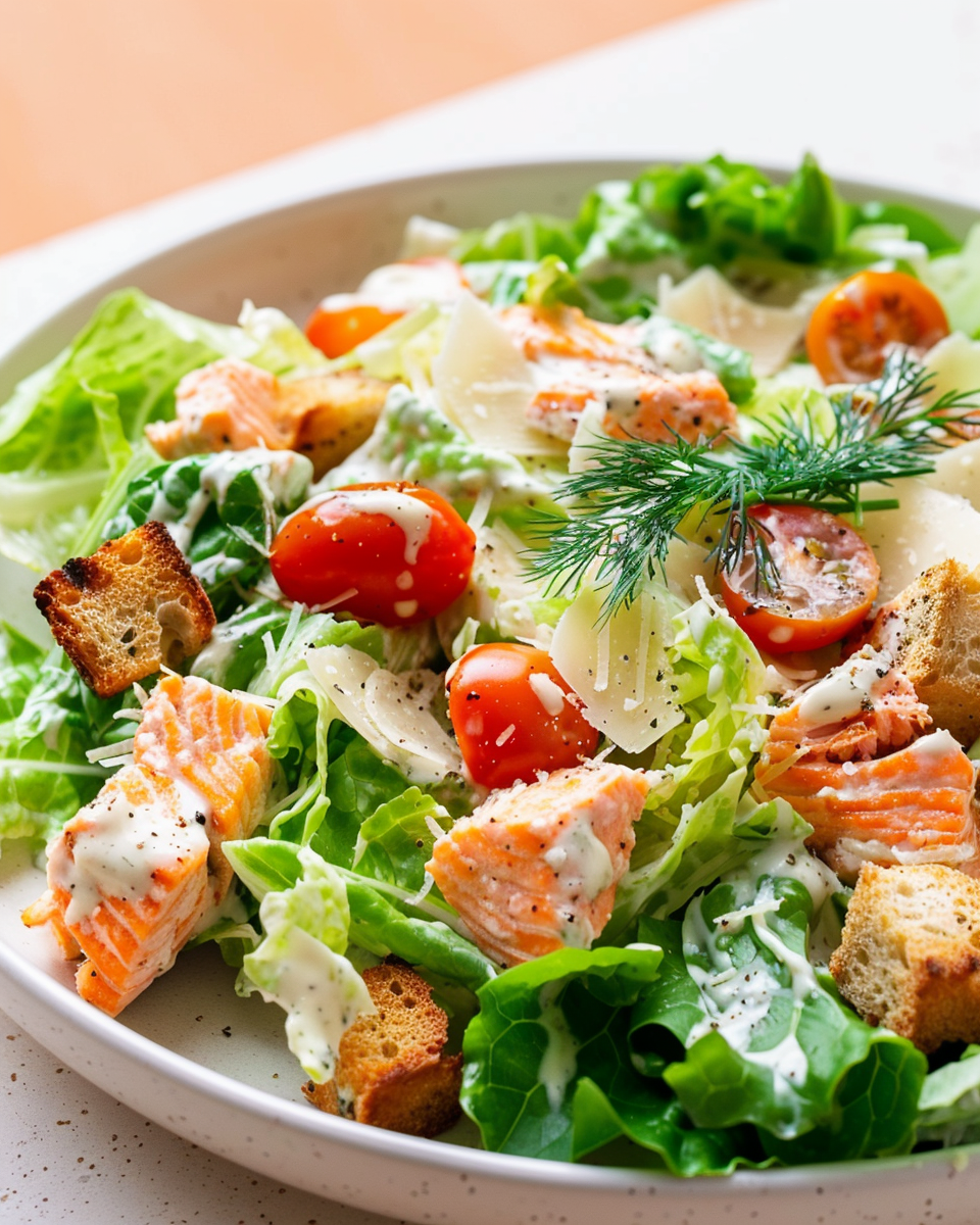 A vibrant Salmon Caesar Salad on a white plate, featuring fresh lettuce, cherry tomatoes, croutons, flaky salmon pieces, and a creamy Caesar dressing garnished with dill.