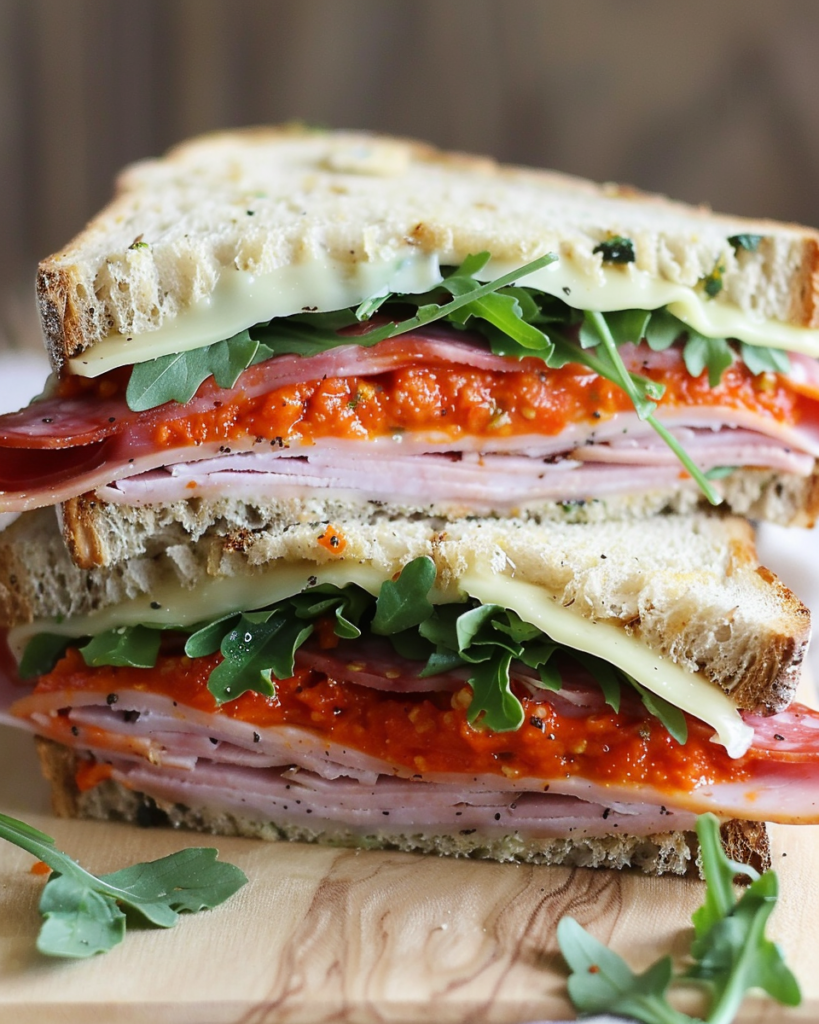 Close-up of a delicious sandwich filled with ham, salami, turkey, arugula, cheese, and a vibrant red pepper spread on toasted bread