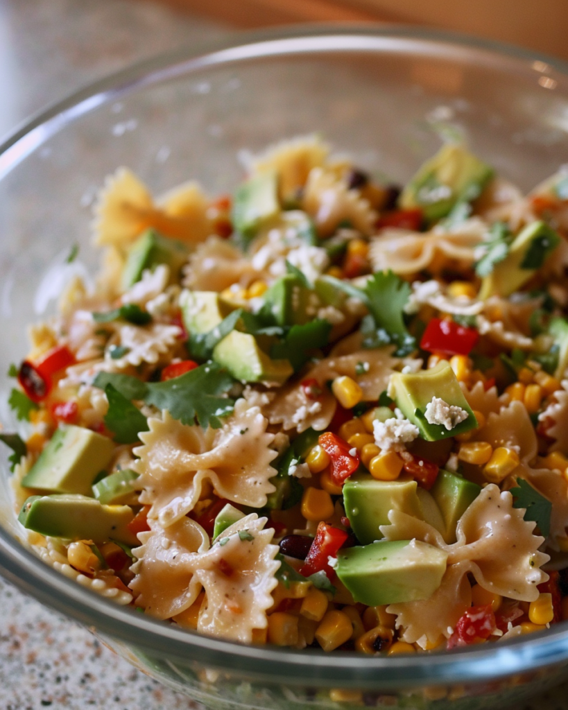 Close-up of Elote Pasta Salad in a glass bowl, featuring bowtie pasta, fresh avocado chunks, corn kernels, red bell peppers, cilantro, and crumbled cheese.