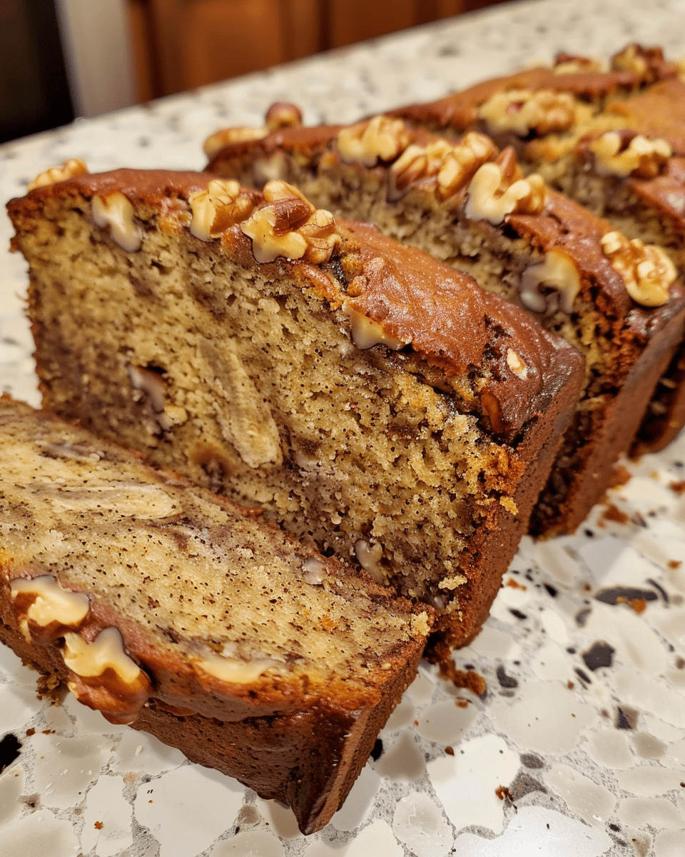 Close-up of a sliced banana bread loaf with a golden crust, moist interior, and garnished with chopped nuts on a textured countertop.