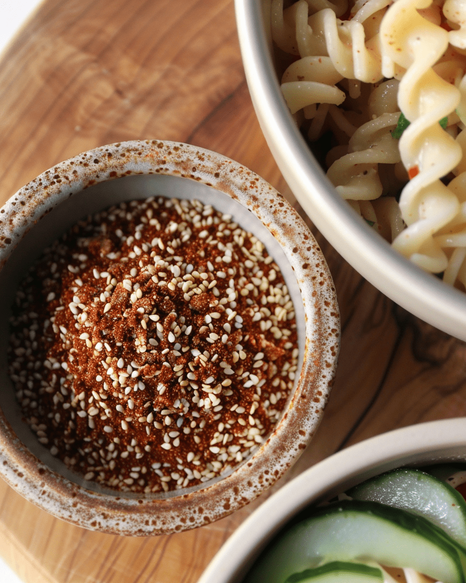 A small white bowl filled with a mixture of toasted sesame seeds and spices, placed on a wooden surface, with a portion of a pasta salad visible in the background.