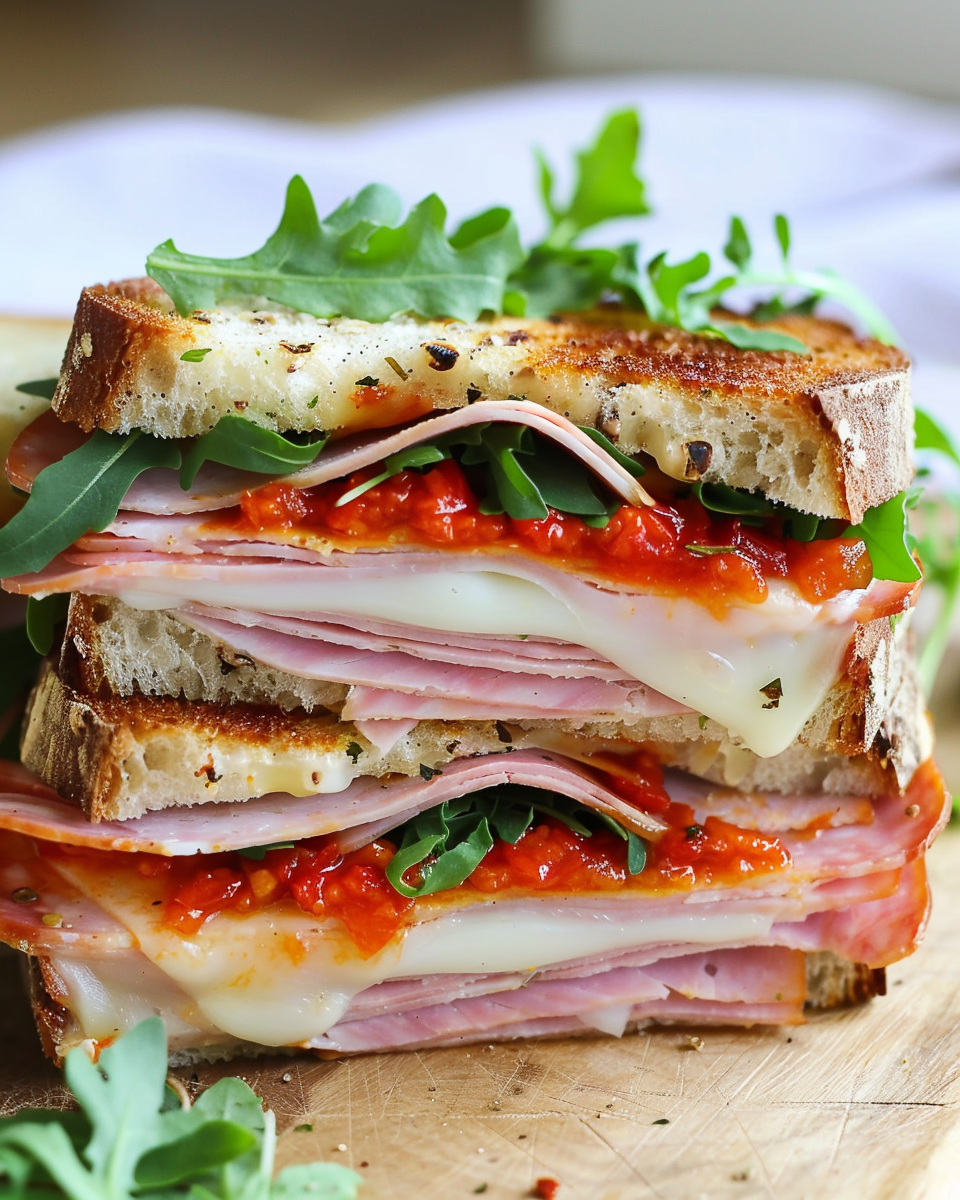 A hearty ham, salami, and turkey sandwich with fresh arugula, melted cheese, and a spicy red pepper spread on artisan bread