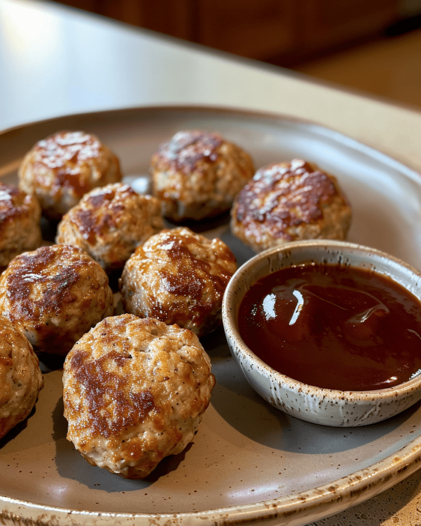 Plate of golden-brown air-fried meatballs served with a bowl of barbecue dipping sauce.