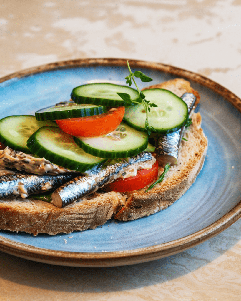 A gourmet sardine sandwich on seeded whole-grain bread, topped with cucumber slices, cherry tomatoes, and fresh herbs for a vibrant and nutritious meal.