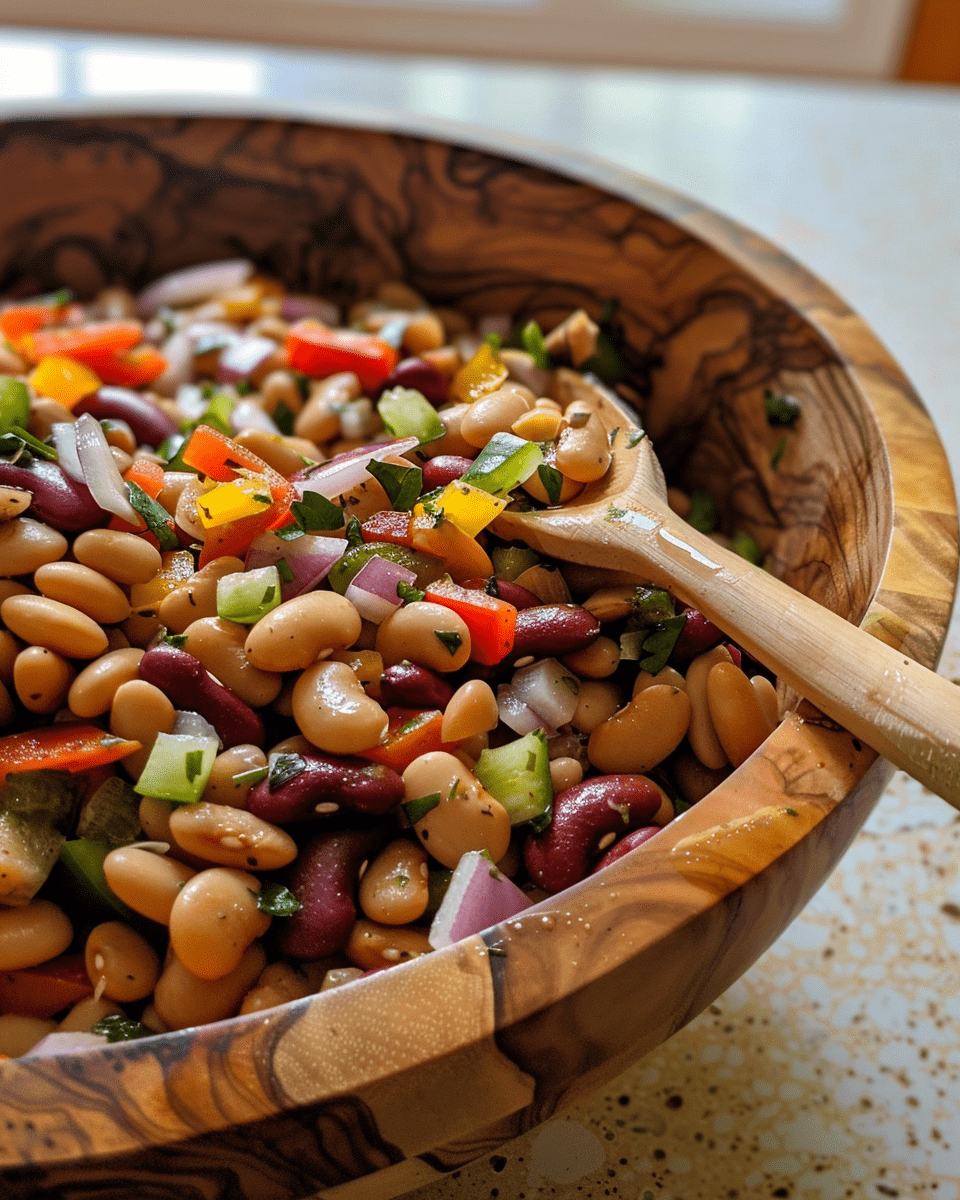 A vibrant bowl of dense bean salad featuring kidney beans, white beans, diced cucumbers, bell peppers, red onions, and fresh herbs, served in a rustic wooden bowl.